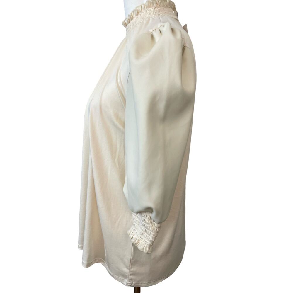 Brea Canyon Smocked Neck Ivory Blouse Puffed Vegan Leather Sleeves Size L NWT - Picture 3 of 8